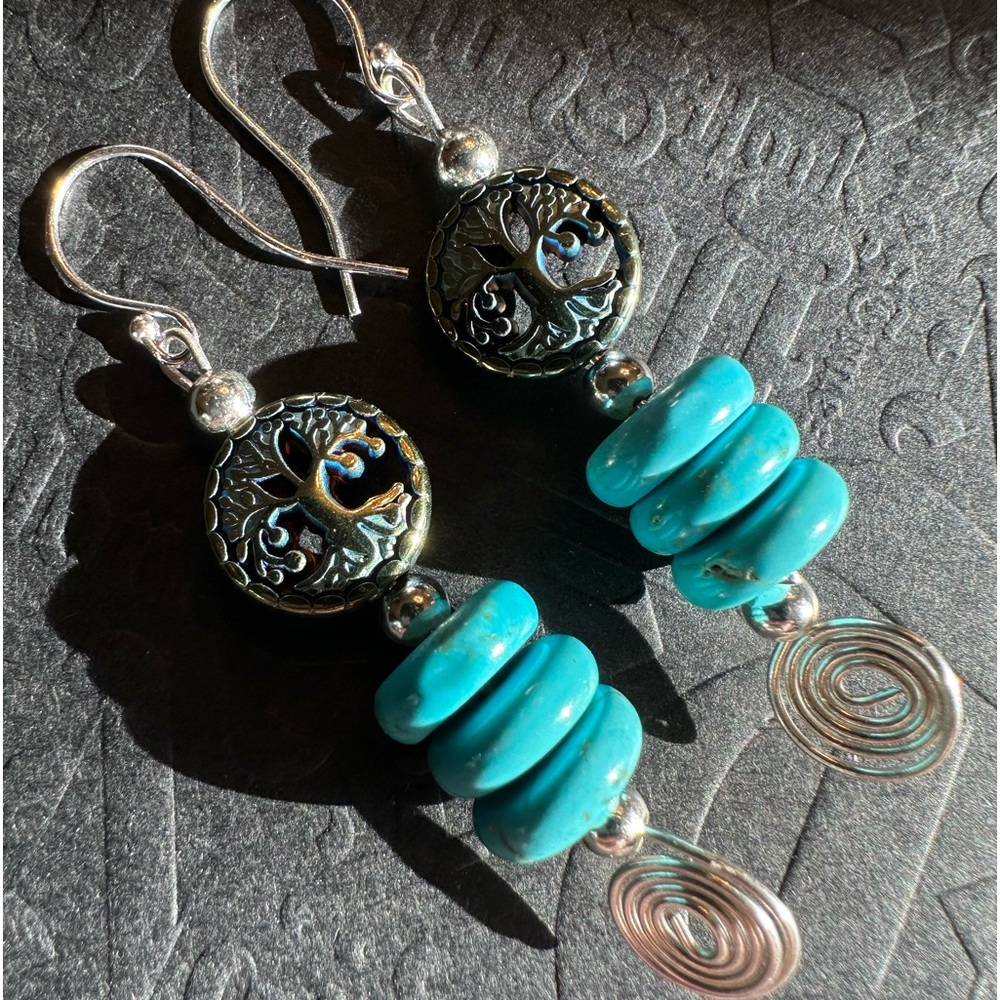 ARTISAN Tree of Life Turquoise Heishi Bead Wire Wrapped Sterling Earrings 2 1/3” - Picture 1 of 7